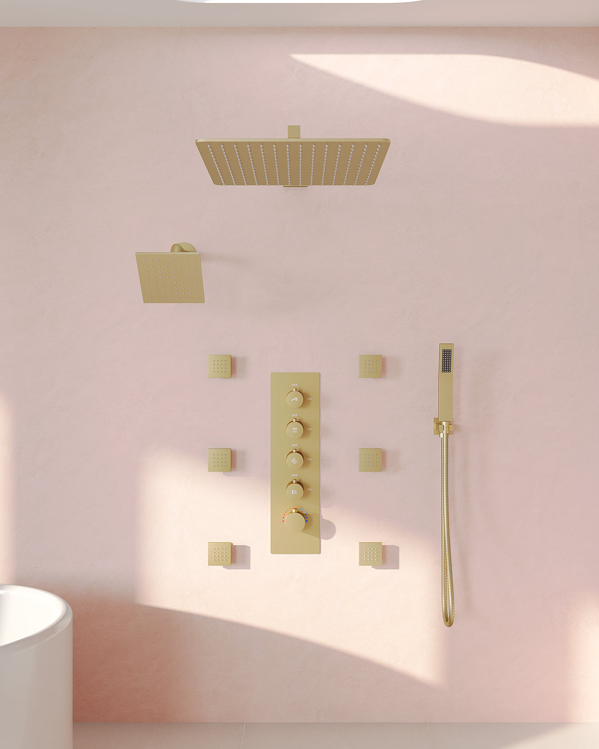Wall-Mounted Rainfall Shower System with Body Jets and Handheld Spray
