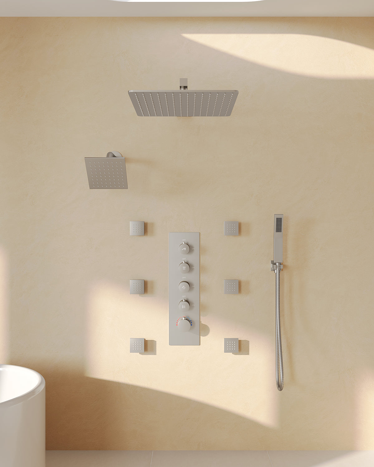Wall-Mounted Rainfall Shower System with Body Jets and Handheld Spray