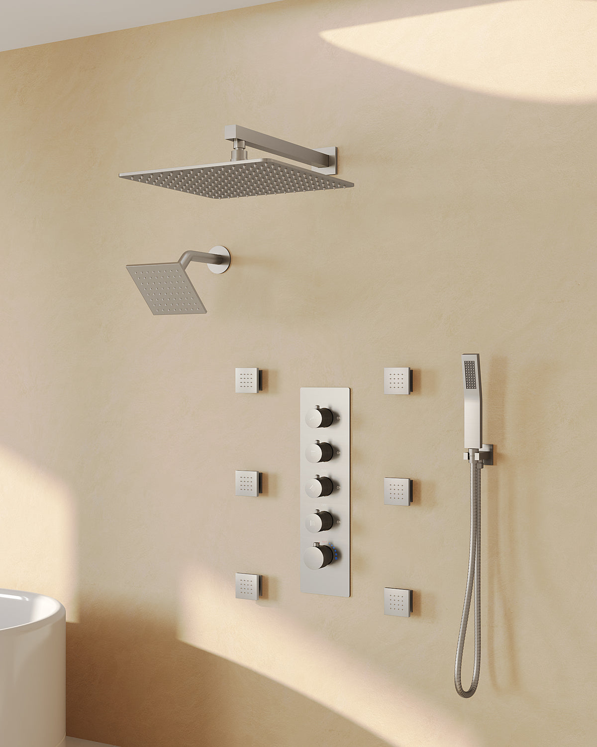 Wall-Mounted Rainfall Shower System with Body Jets and Handheld Spray