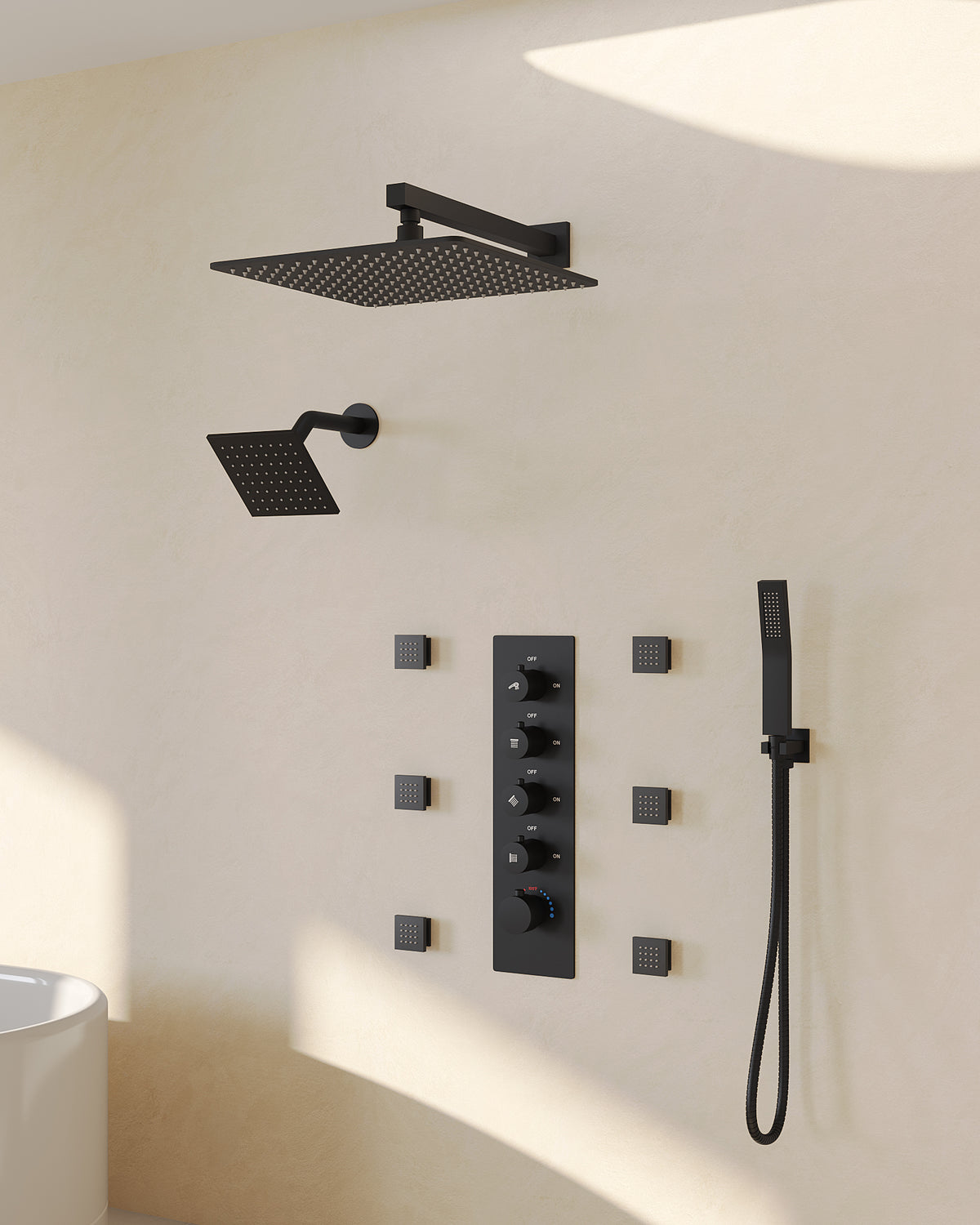 Wall-Mounted Rainfall Shower System with Body Jets and Handheld Spray