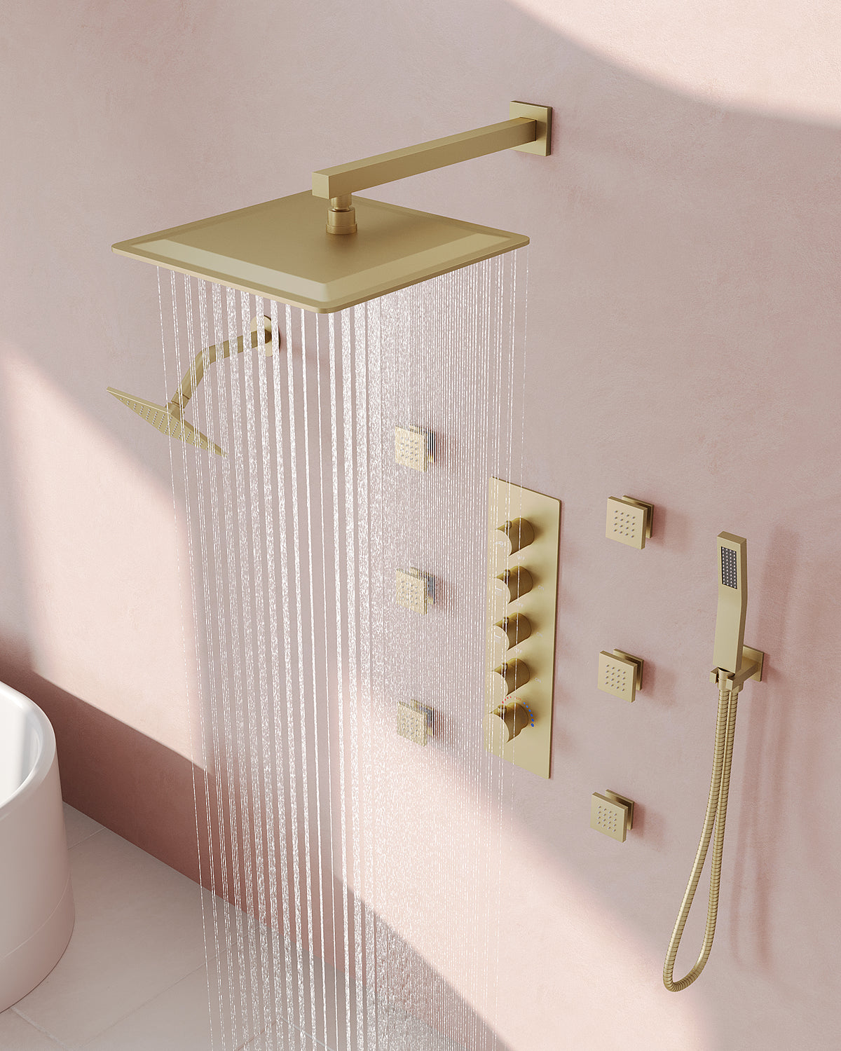 Wall-Mounted Rainfall Shower System with Body Jets and Handheld Spray
