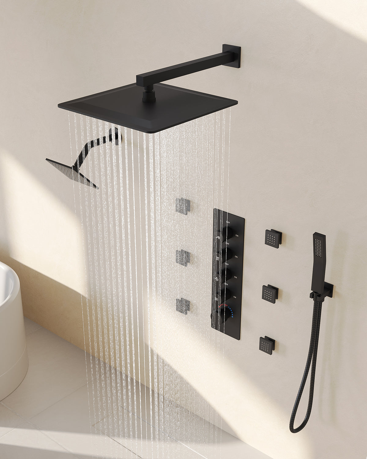 Wall-Mounted Rainfall Shower System with Body Jets and Handheld Spray
