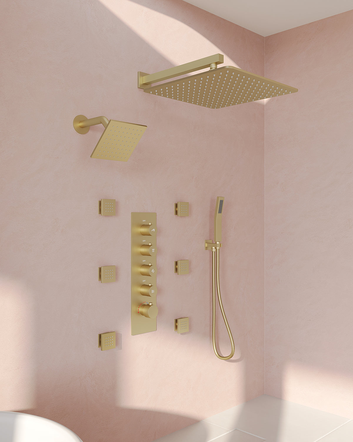 Wall-Mounted Rainfall Shower System with Body Jets and Handheld Spray