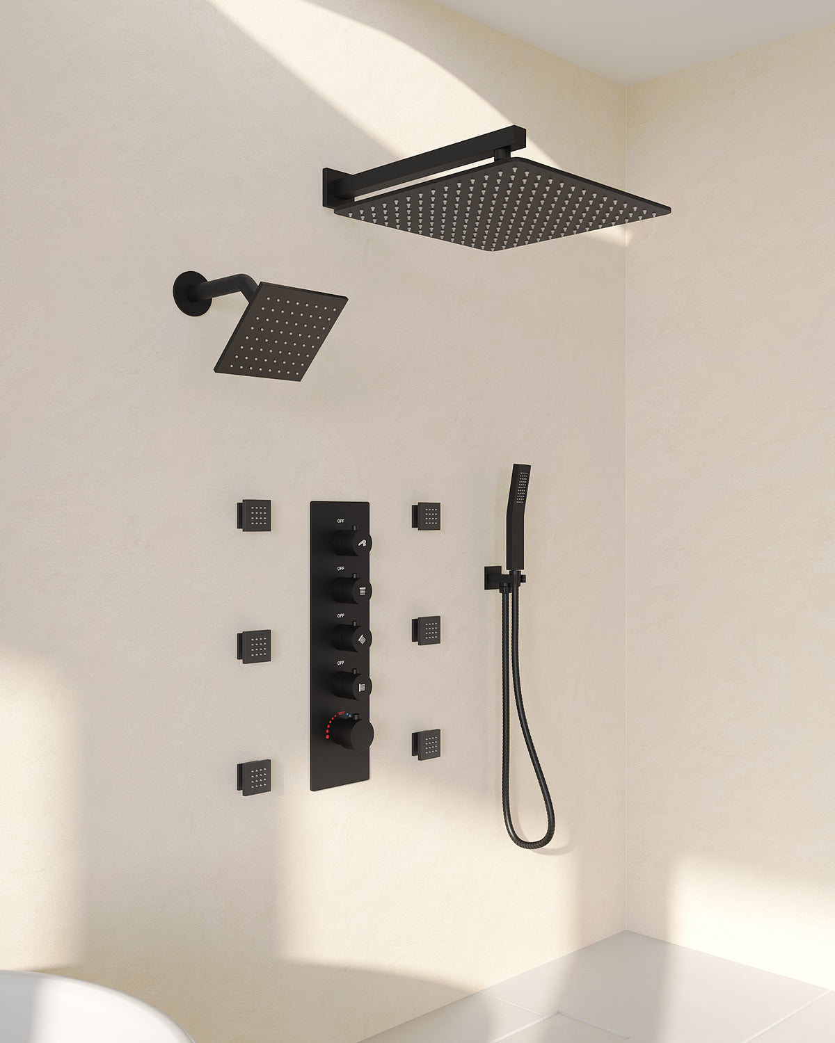 Wall-Mounted Rainfall Shower System with Body Jets and Handheld Spray