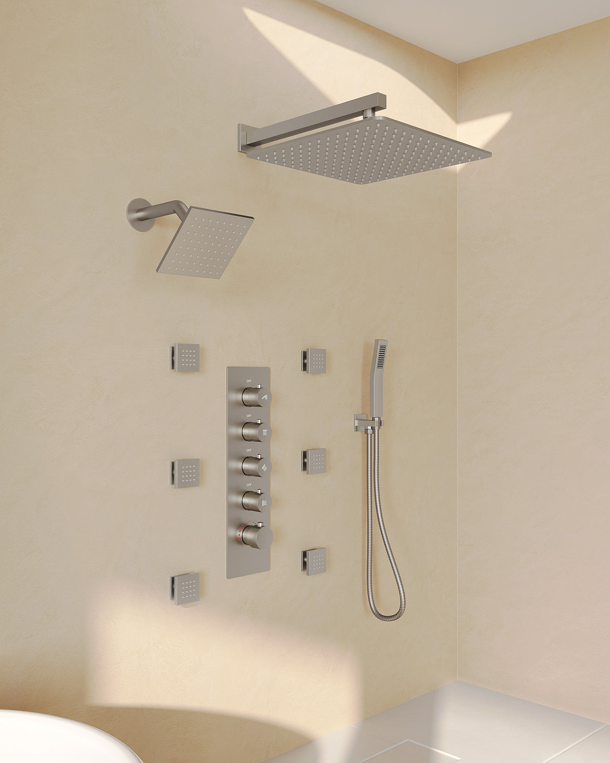 Wall-Mounted Rainfall Shower System with Body Jets and Handheld Spray