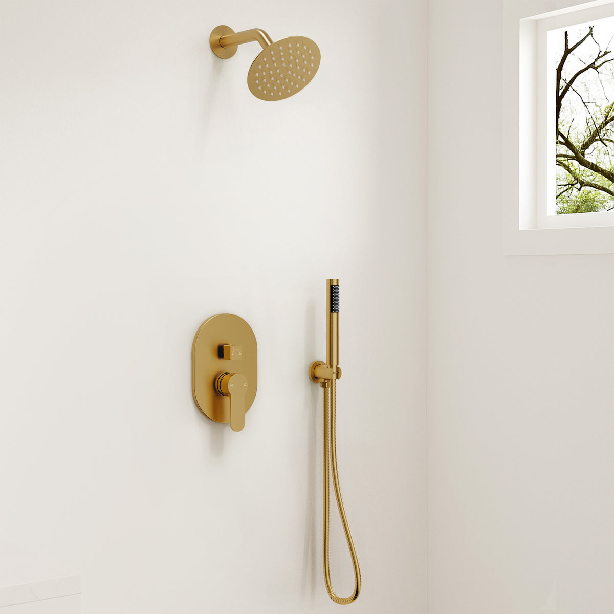 Round Wall-Mounted Rain Shower System with Handheld Spray