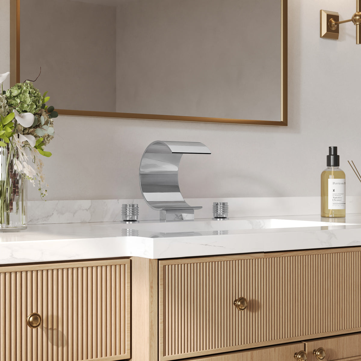 Two-Handle Waterfall Widespread Bathroom Sink Faucet With Pop-Up Drain