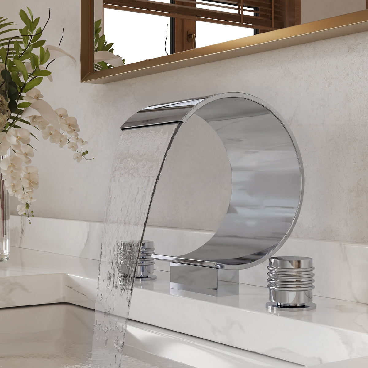 Two-Handle Waterfall Widespread Bathroom Sink Faucet With Pop-Up Drain