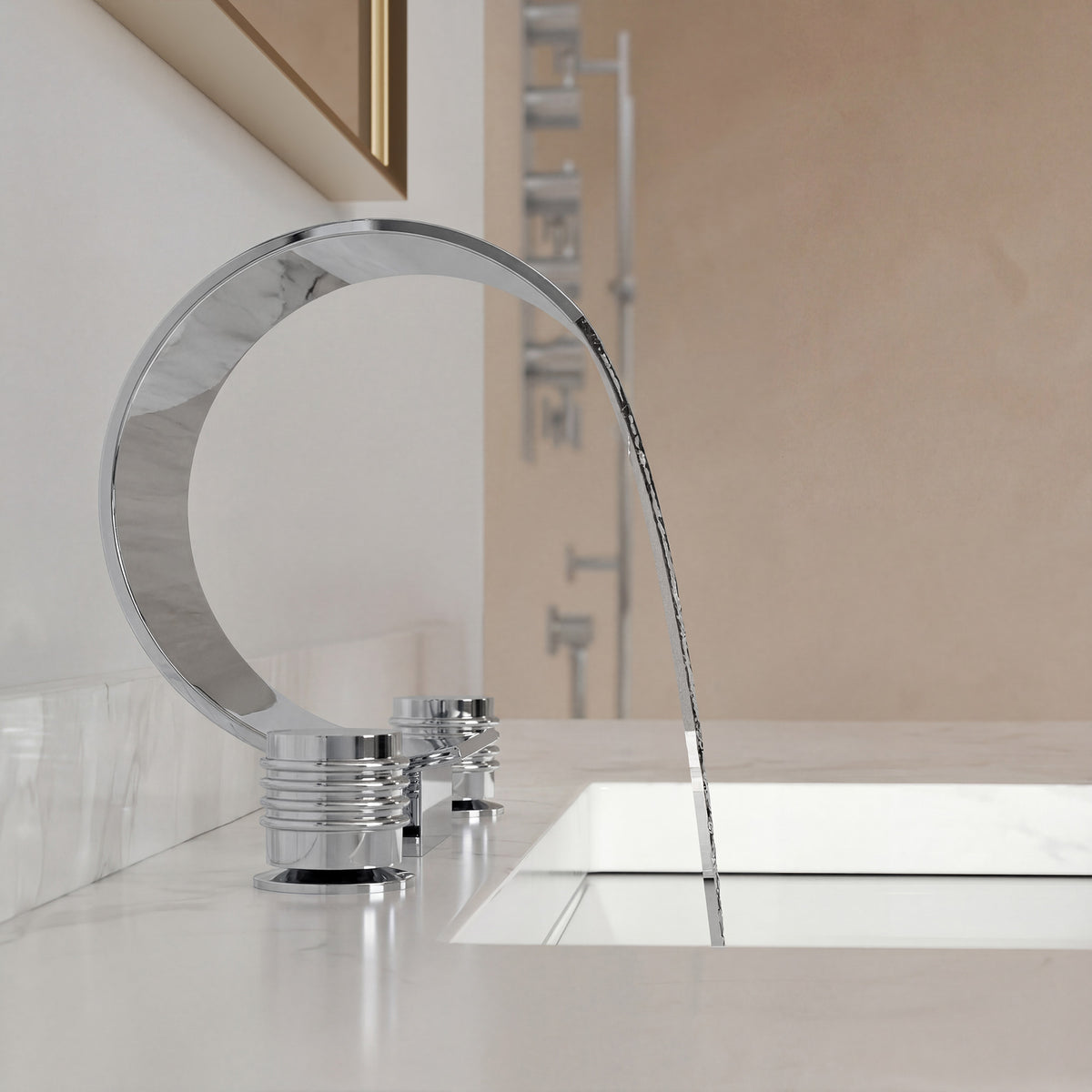 Two-Handle Waterfall Widespread Bathroom Sink Faucet With Pop-Up Drain