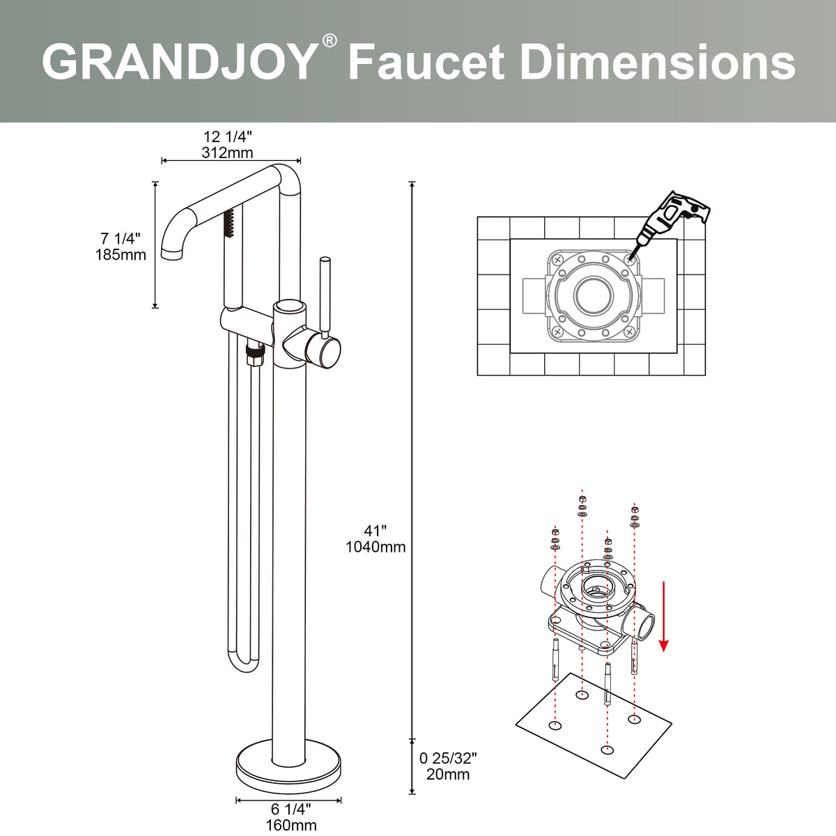 Floor-Mounted Bathtub Faucet with Swivel Spout and Hand Shower