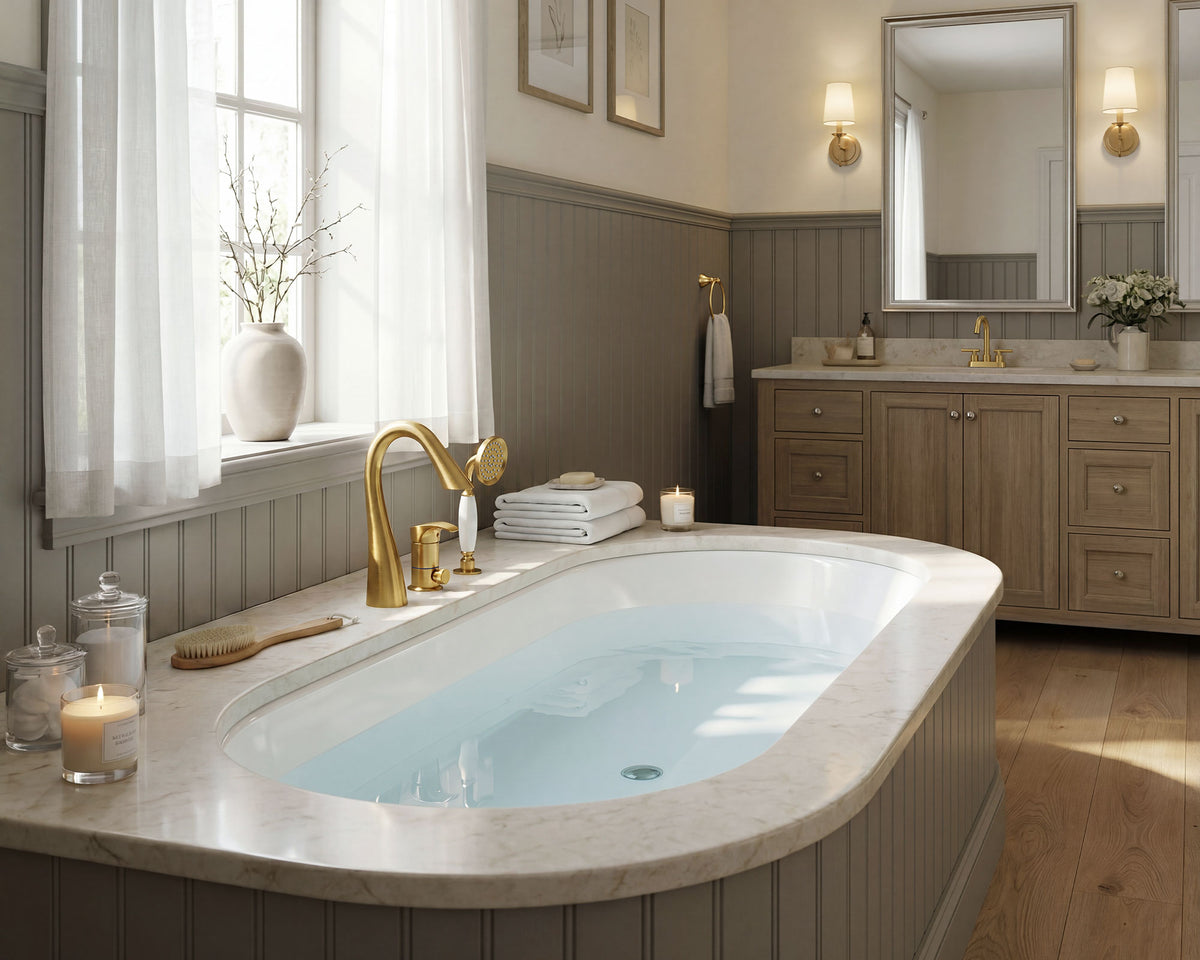 Single-Handle Deck-Mount Tub Faucet with Handheld Shower and Curved Spout