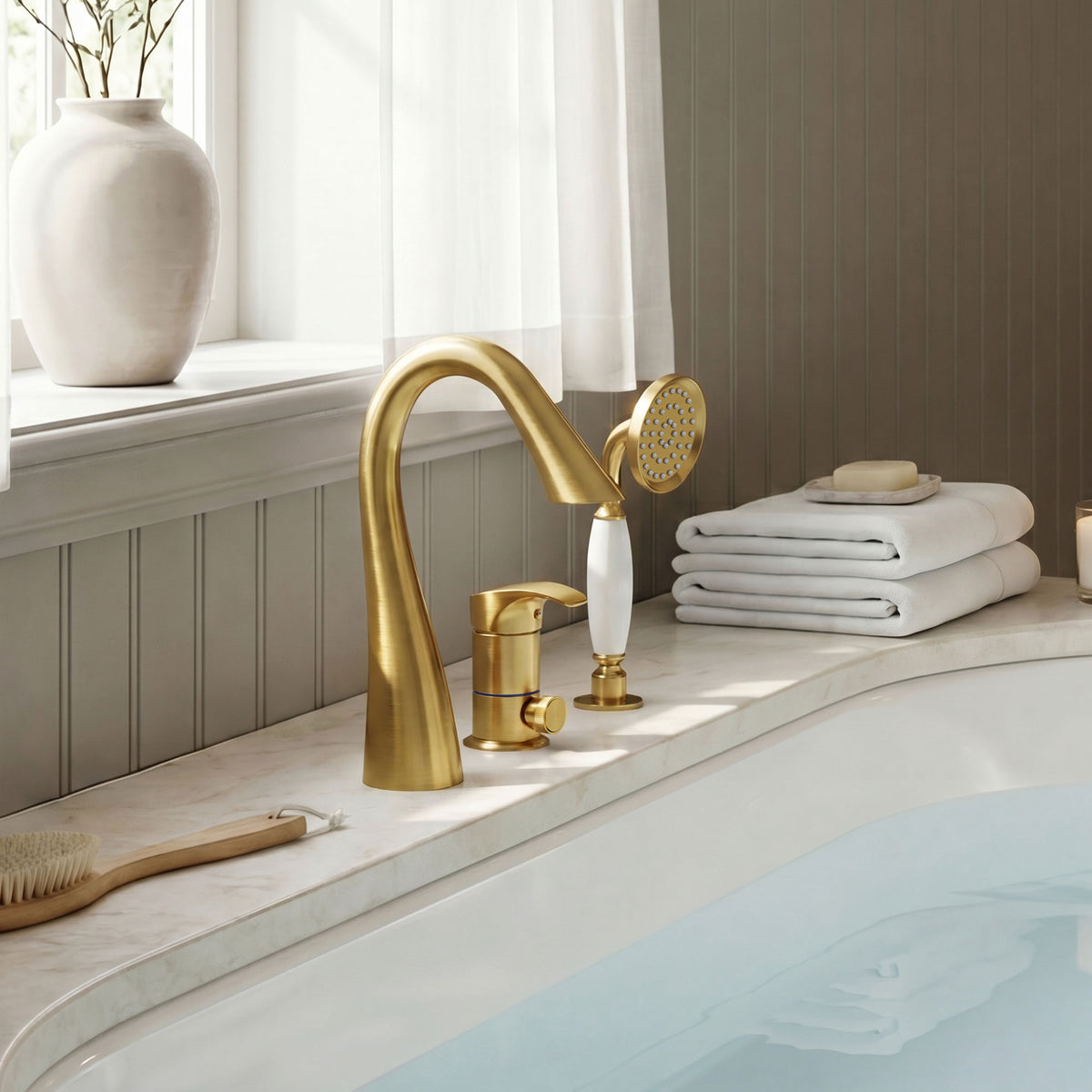 Single-Handle Deck-Mount Tub Faucet with Handheld Shower and Curved Spout