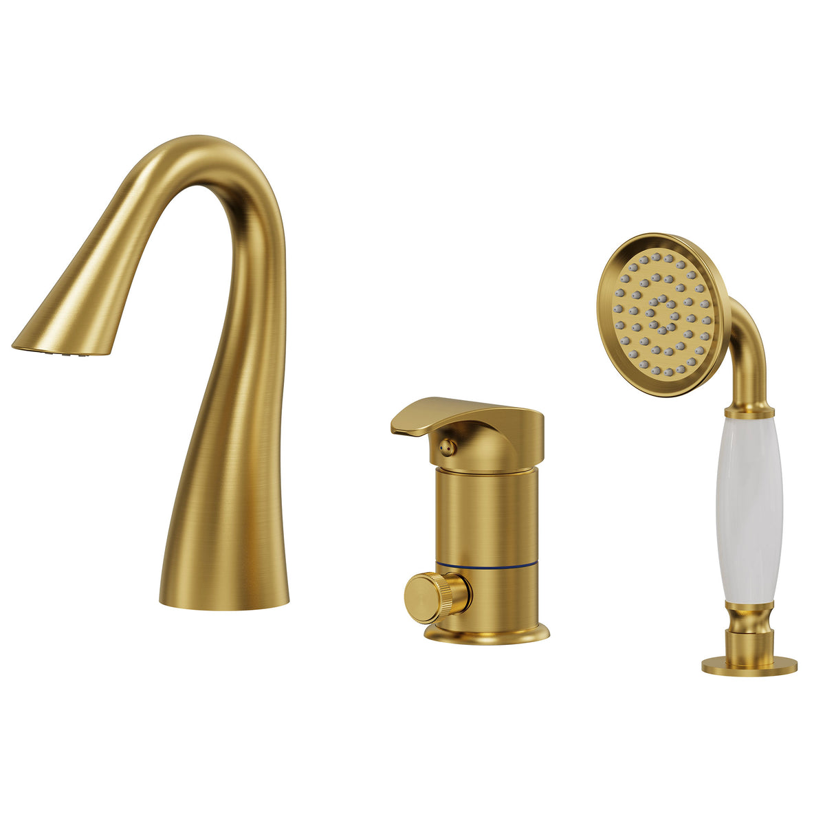 Single-Handle Deck-Mount Tub Faucet with Handheld Shower and Curved Spout