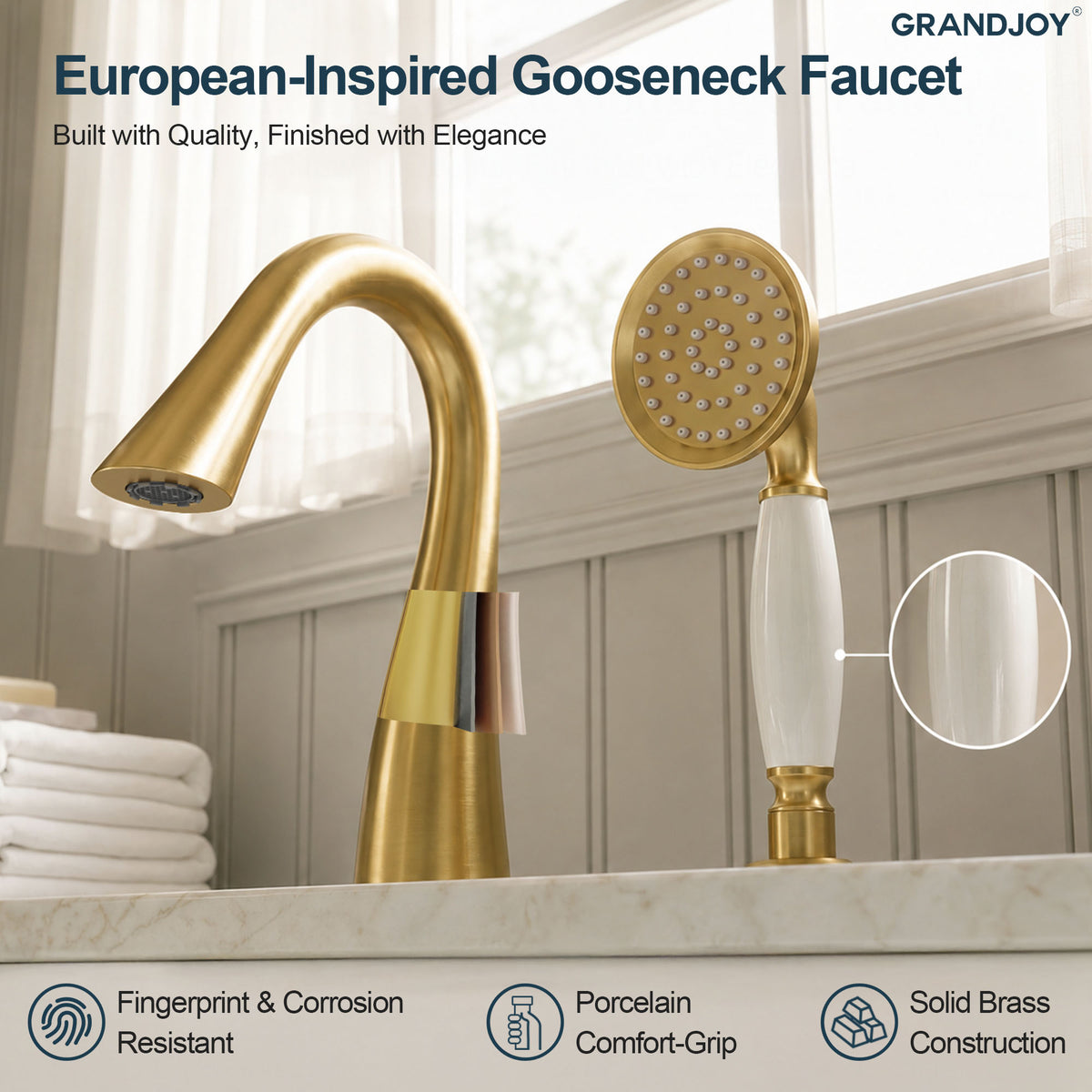 Single-Handle Deck-Mount Tub Faucet with Handheld Shower and Curved Spout