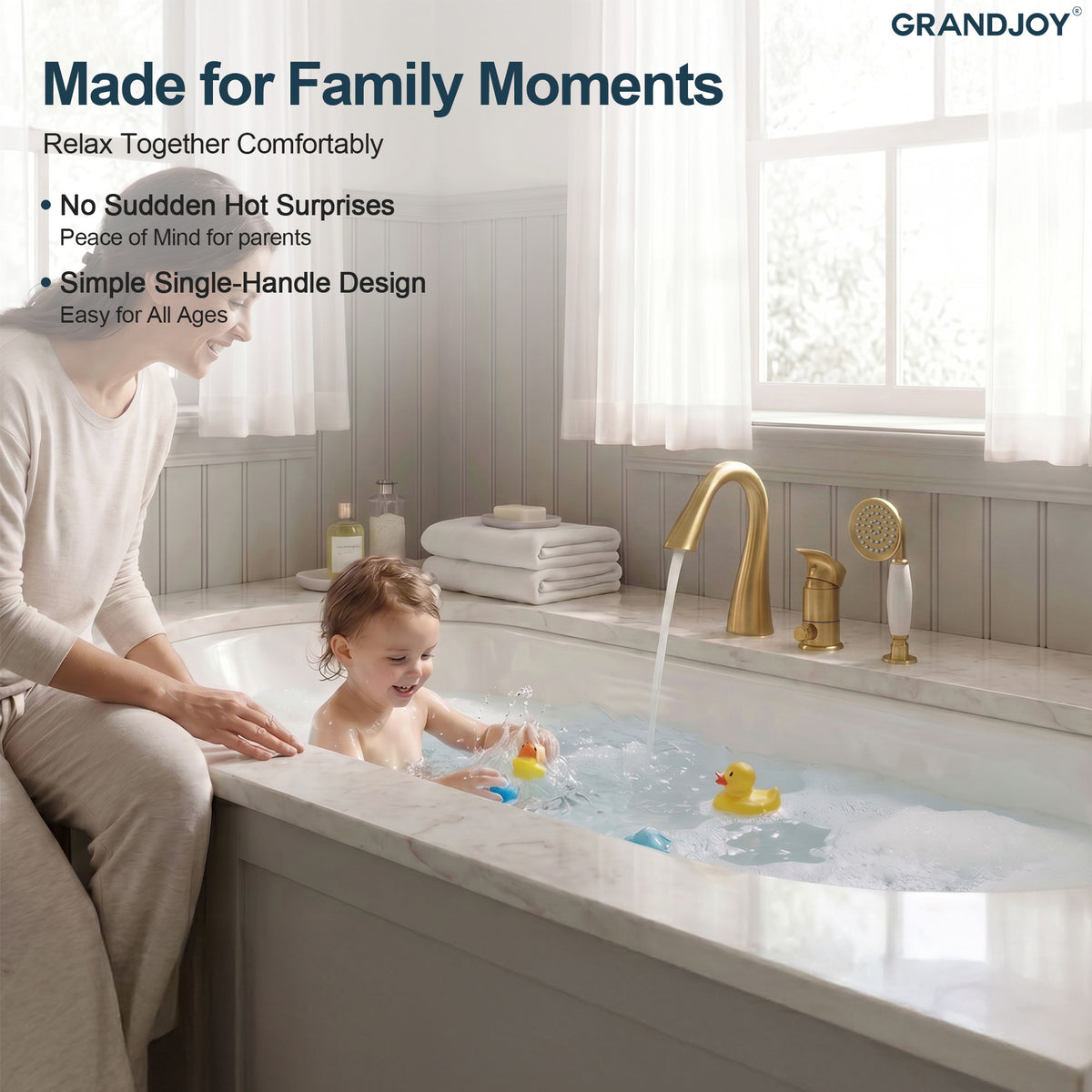 Single-Handle Deck-Mount Tub Faucet with Handheld Shower and Curved Spout