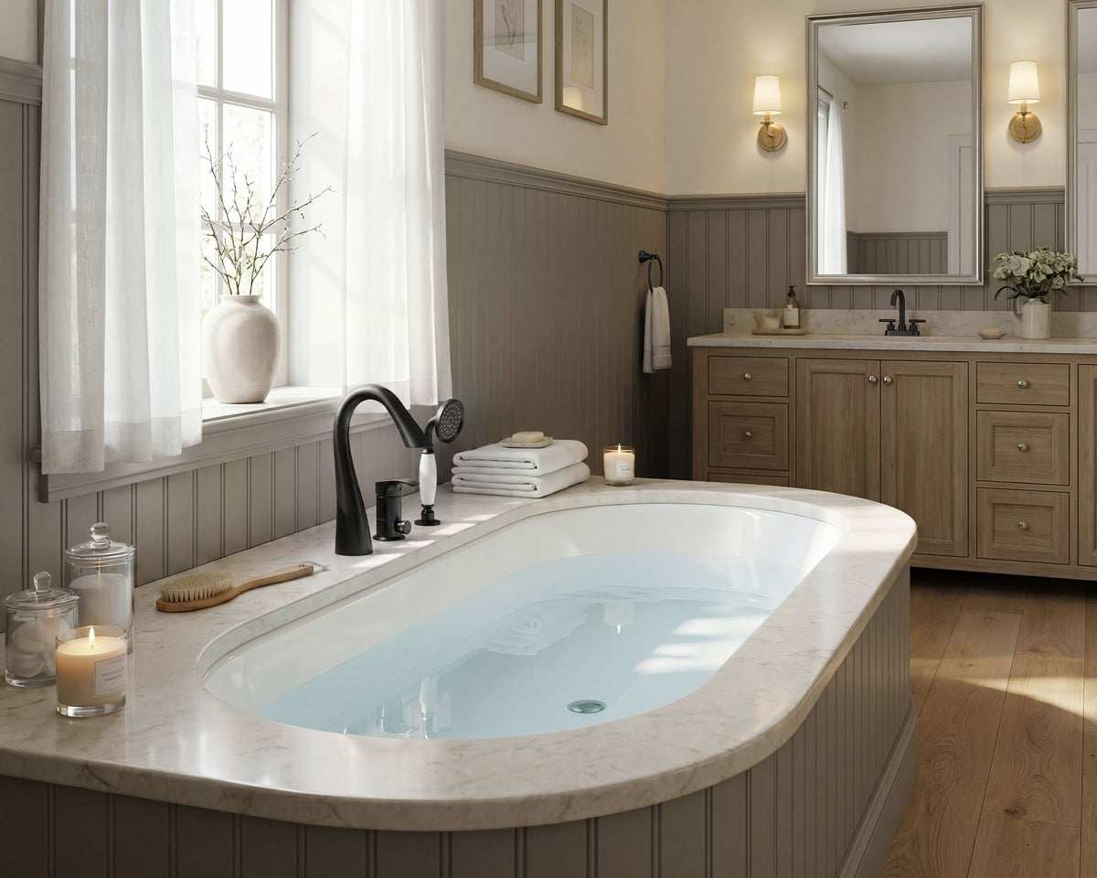 Single-Handle Deck-Mount Tub Faucet with Handheld Shower and Curved Spout