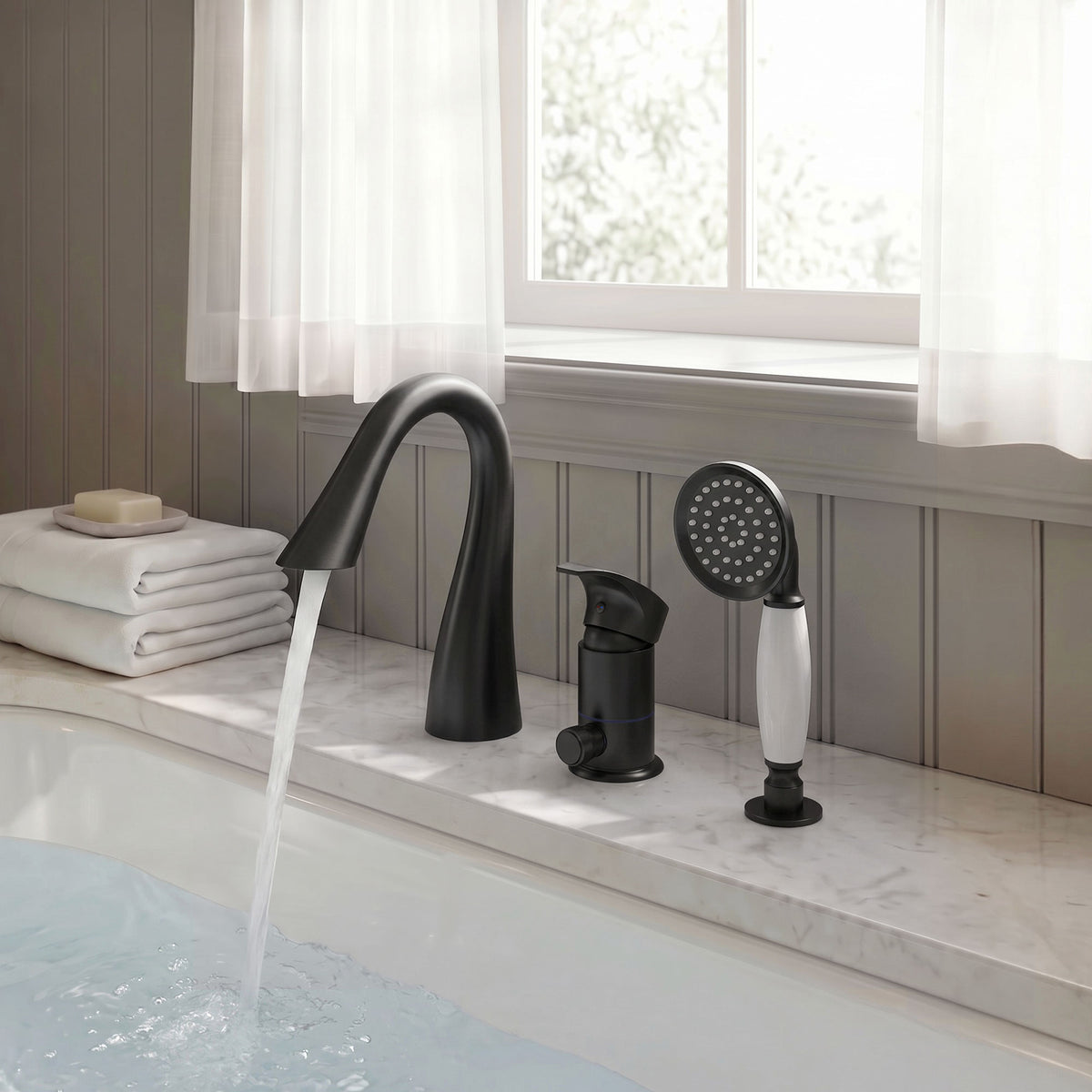 Single-Handle Deck-Mount Tub Faucet with Handheld Shower and Curved Spout