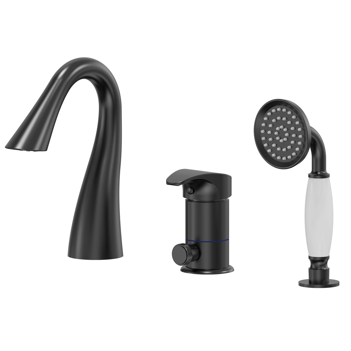 Single-Handle Deck-Mount Tub Faucet with Handheld Shower and Curved Spout