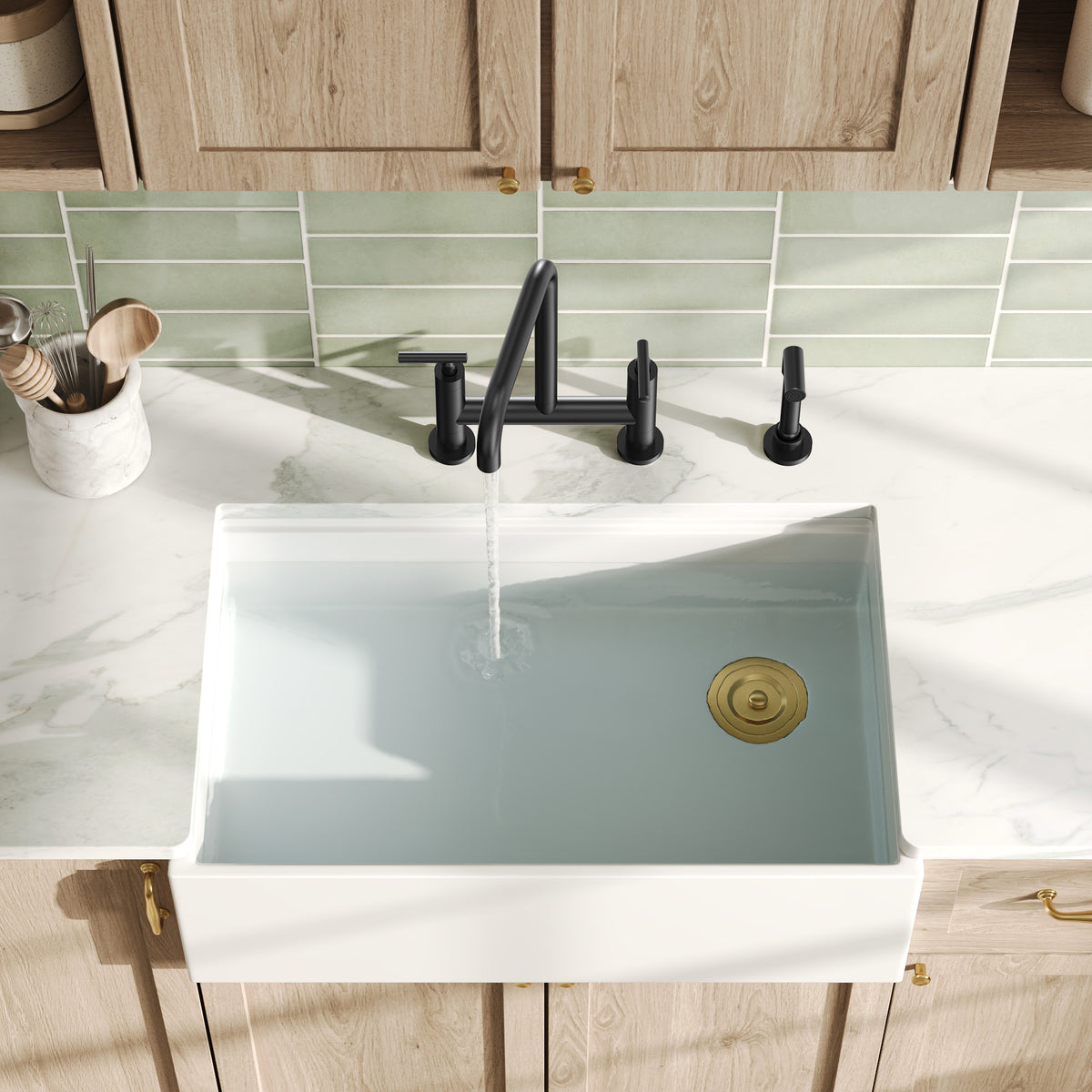 Two-Hole Deck-Mount Bridge Kitchen Faucet With Side Sprayer