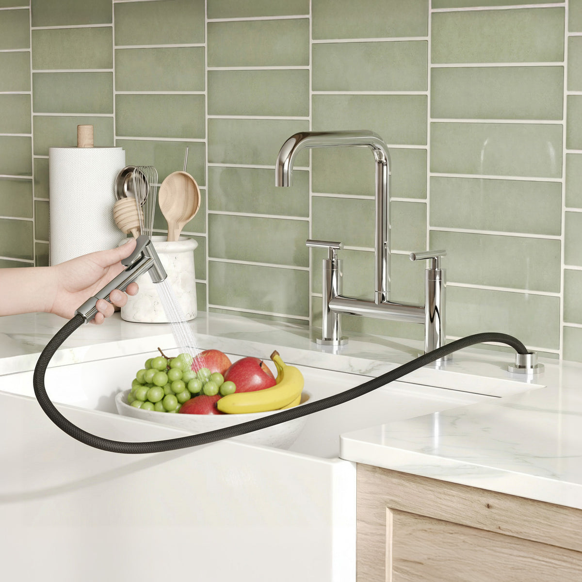 Two-Hole Deck-Mount Bridge Kitchen Faucet With Side Sprayer