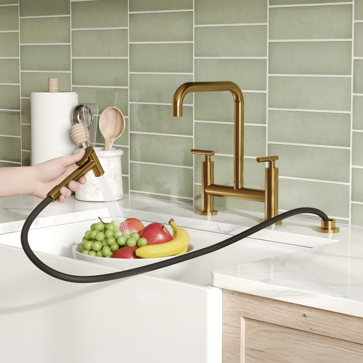 Two-Hole Deck-Mount Bridge Kitchen Faucet With Side Sprayer