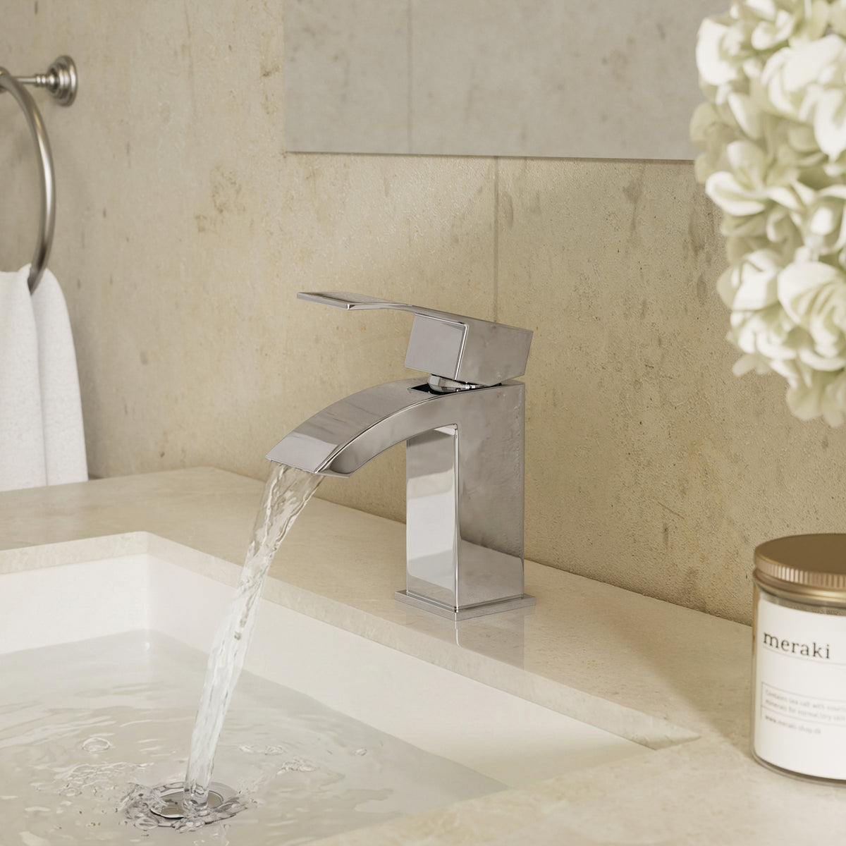 Single-Hole Waterfall Bathroom Sink Faucet with Pop-Up Drain