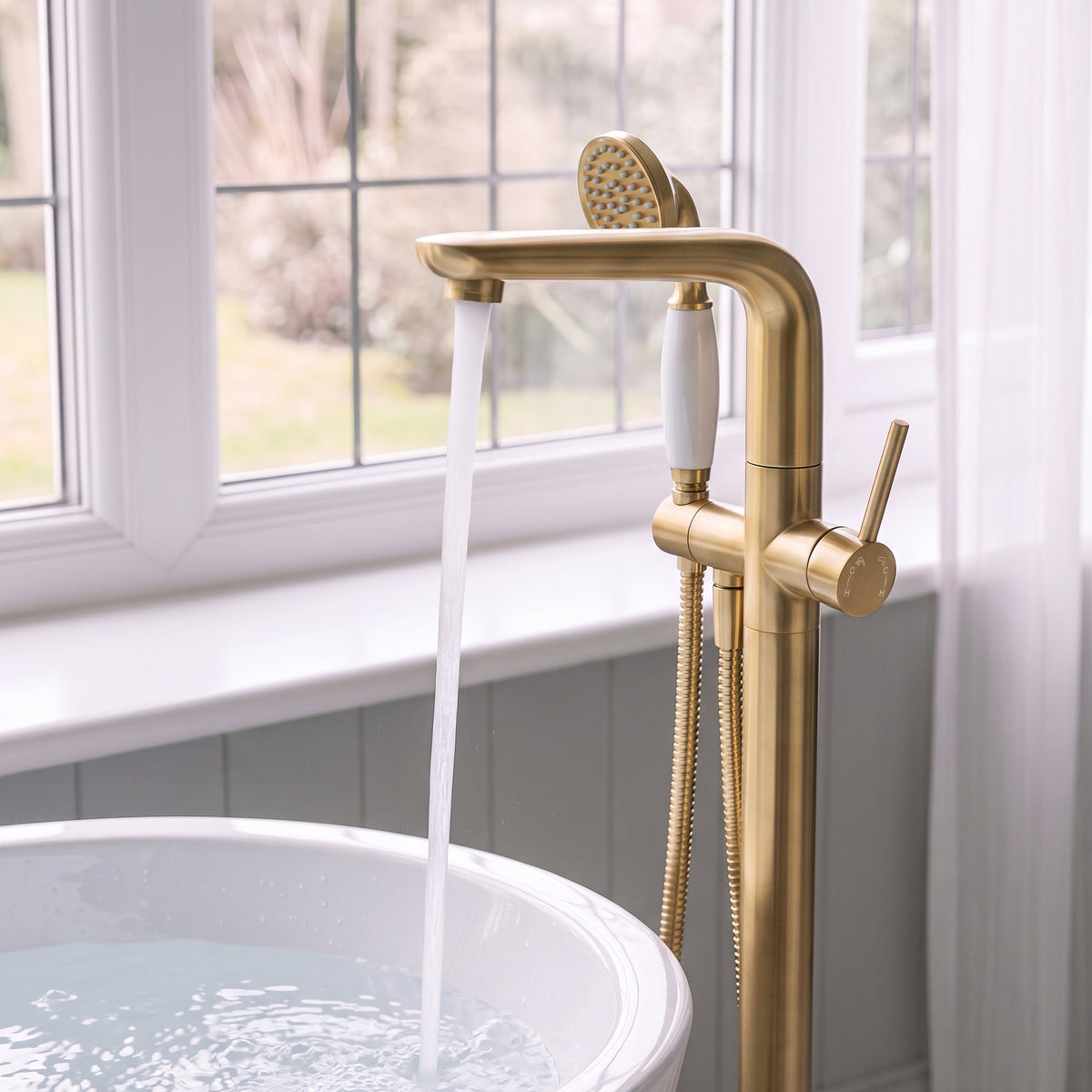 Floor-Mounted Bathtub Faucet with Hand Shower and Swivel Spout