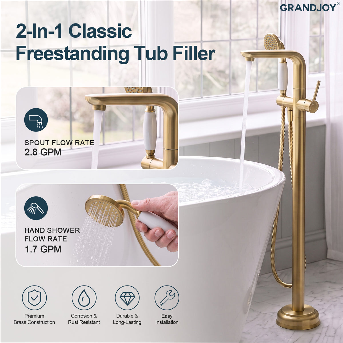 Floor-Mounted Bathtub Faucet with Hand Shower and Swivel Spout