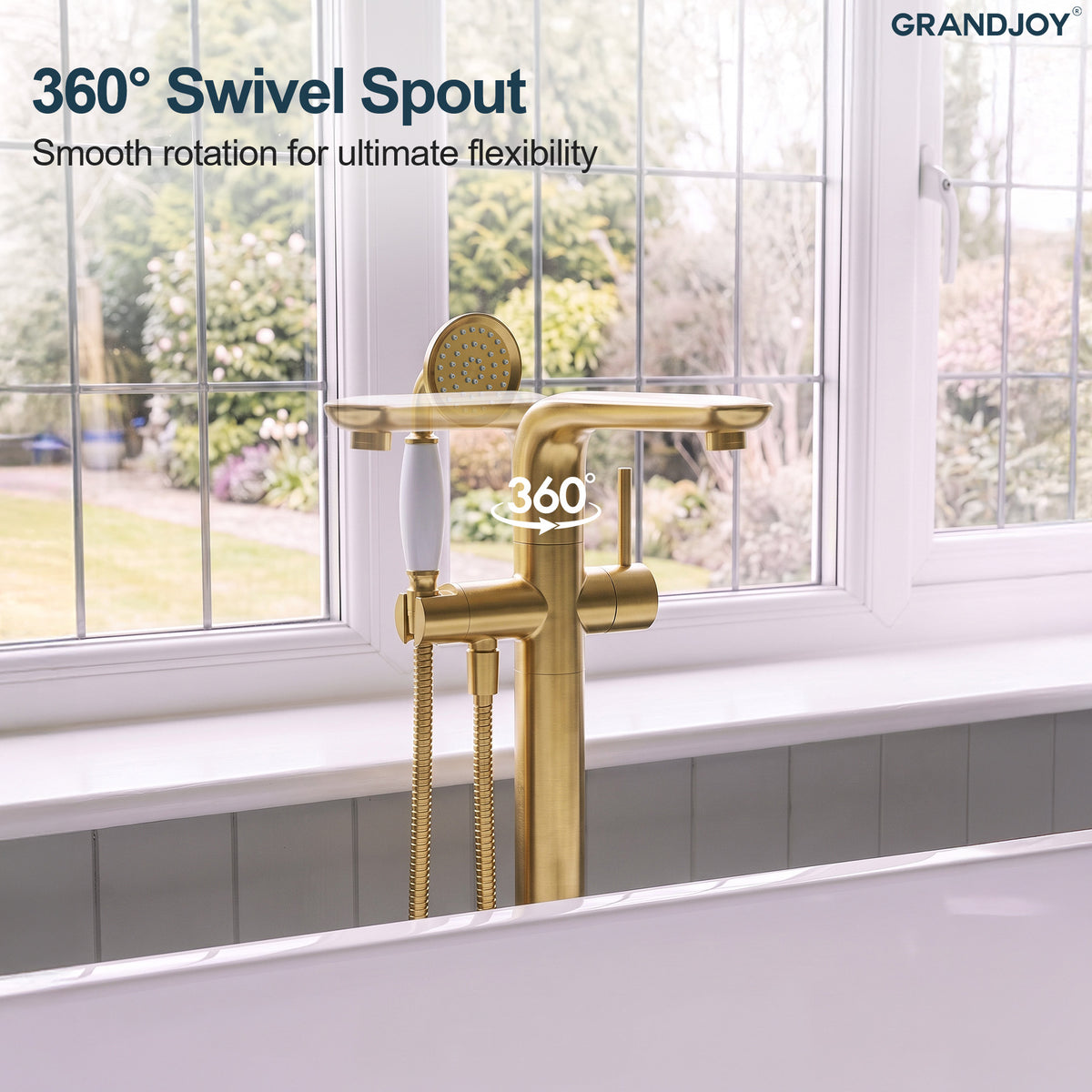 Floor-Mounted Bathtub Faucet with Hand Shower and Swivel Spout