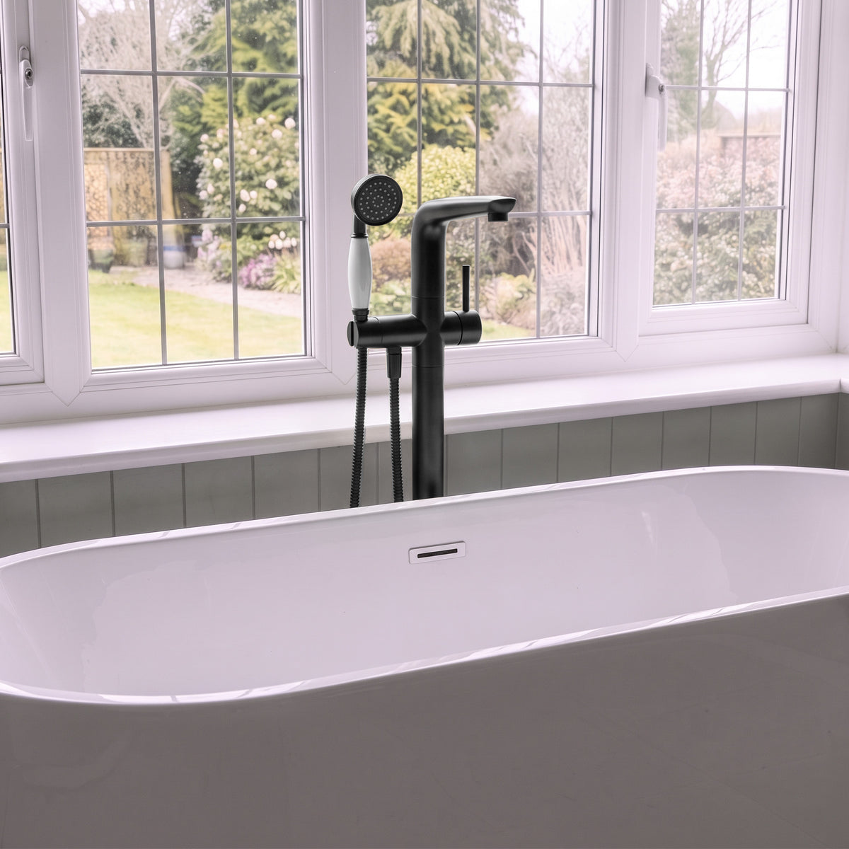 Floor-Mounted Bathtub Faucet with Hand Shower and Swivel Spout