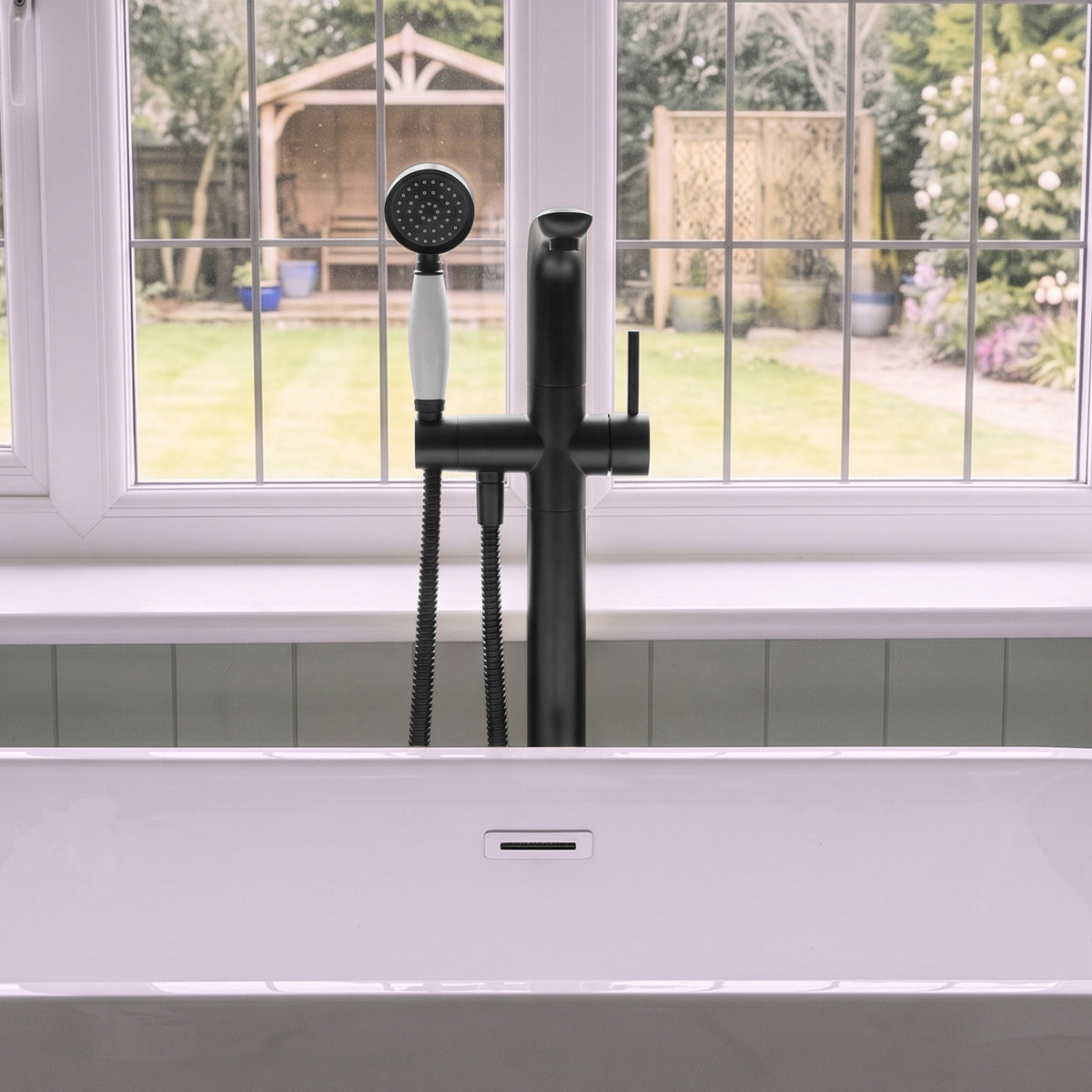 Floor-Mounted Bathtub Faucet with Hand Shower and Swivel Spout
