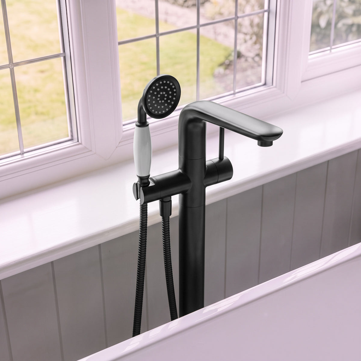 Floor-Mounted Bathtub Faucet with Hand Shower and Swivel Spout