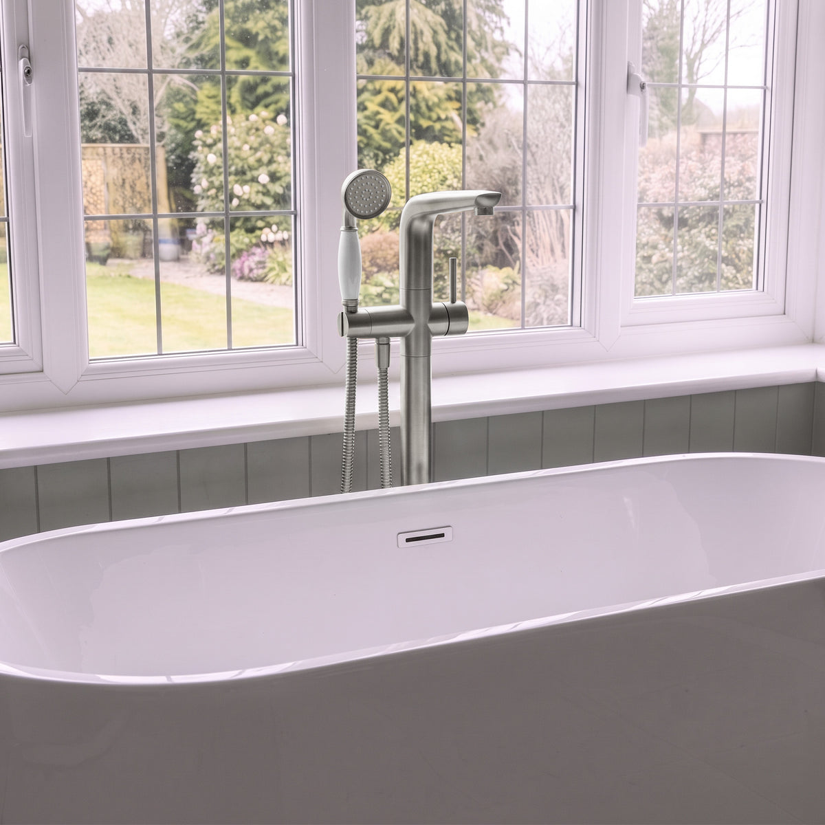 Floor-Mounted Bathtub Faucet with Hand Shower and Swivel Spout