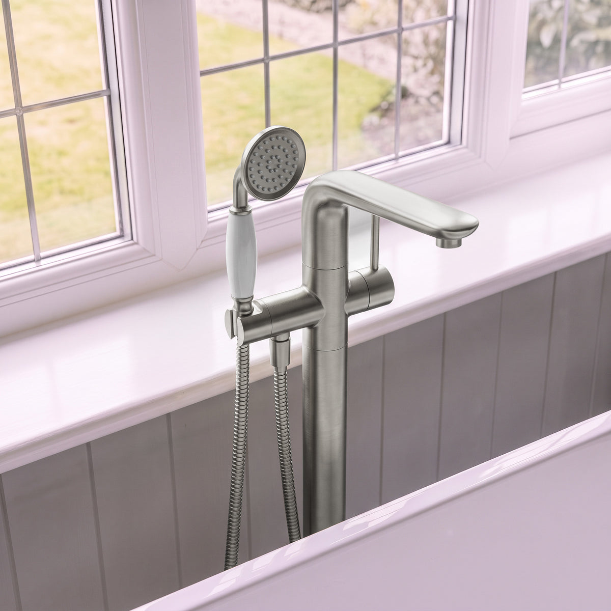 Floor-Mounted Bathtub Faucet with Hand Shower and Swivel Spout