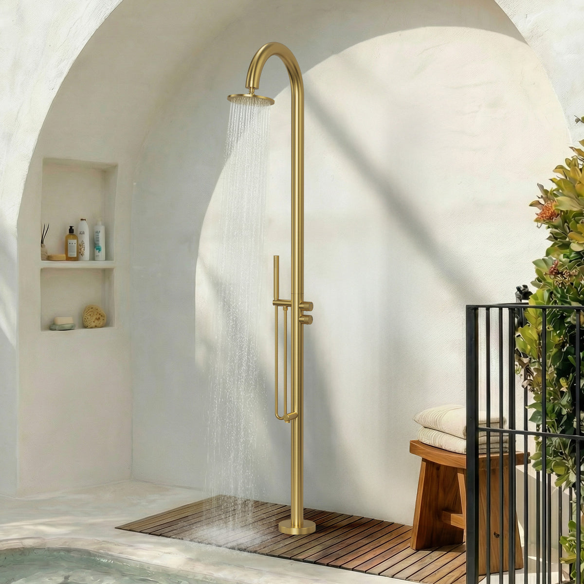 Floor-Mounted Shower System with Swivel Head for Indoor or Outdoor Use