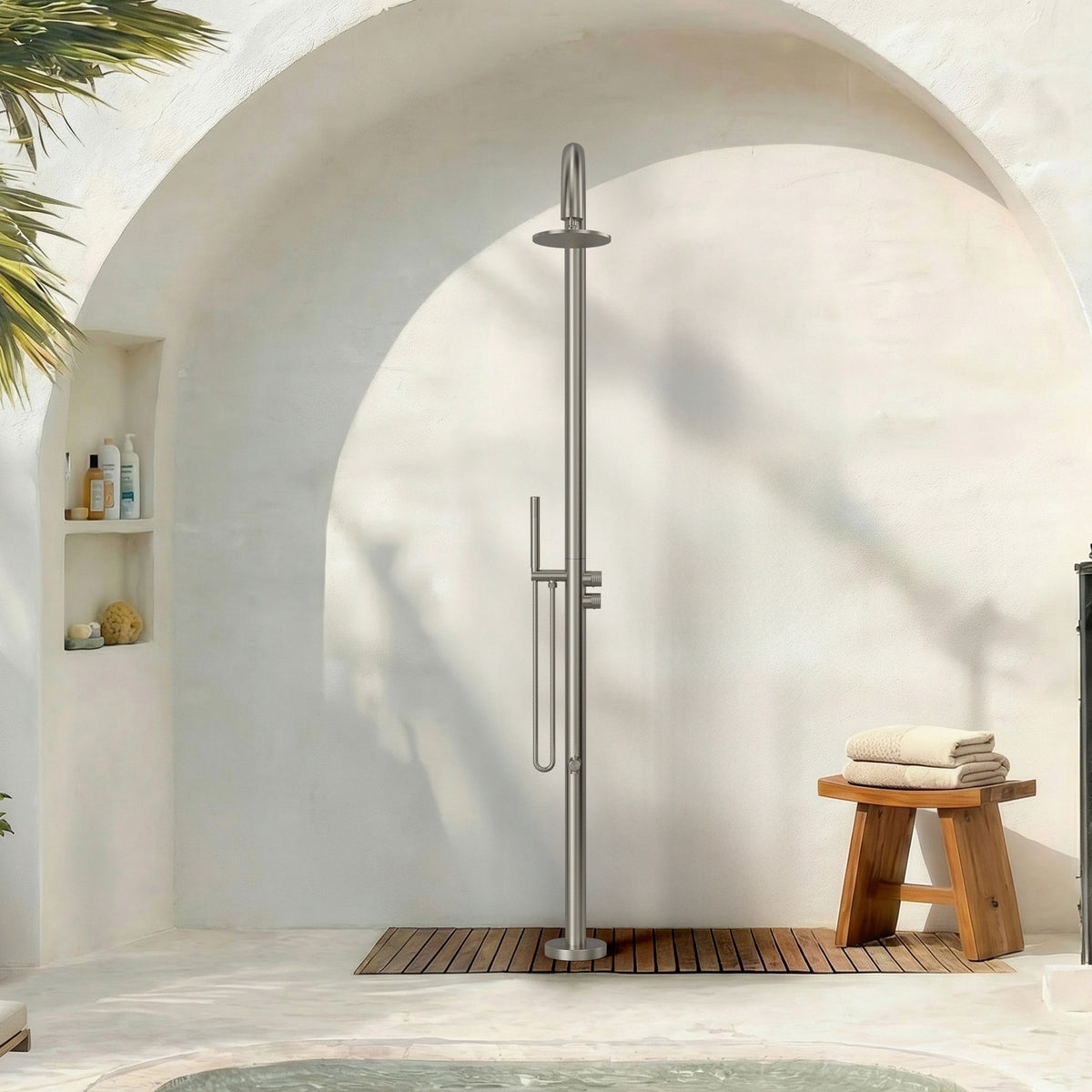 Floor-Mounted Shower System with Swivel Head for Indoor or Outdoor Use
