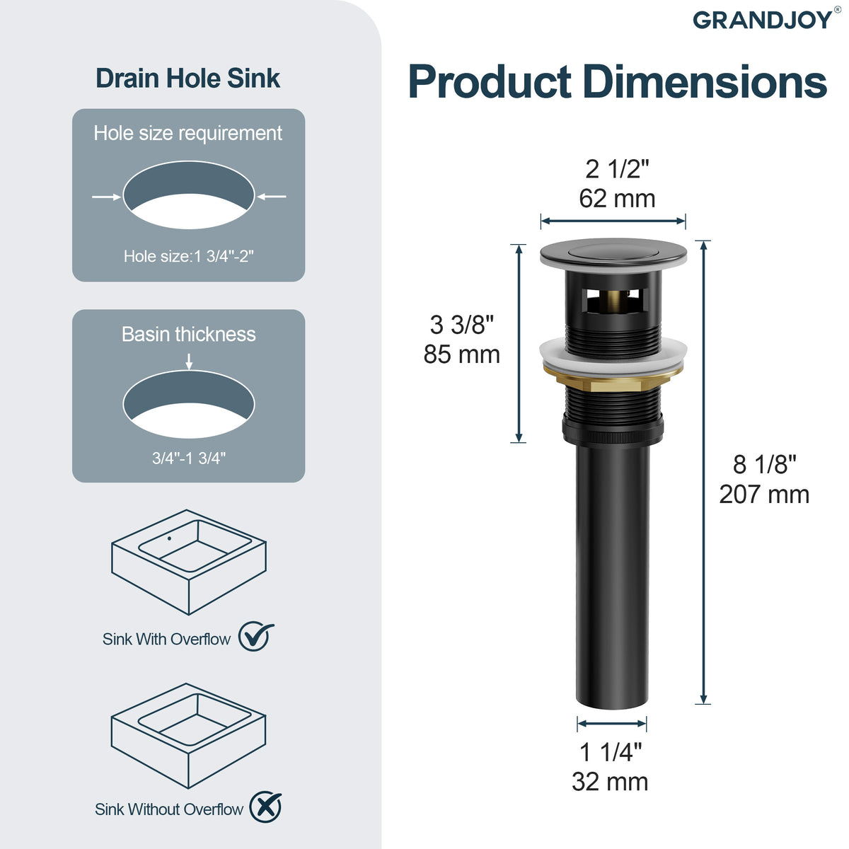 Push-Button Bathroom Sink Drain with Overflow and Brass Body