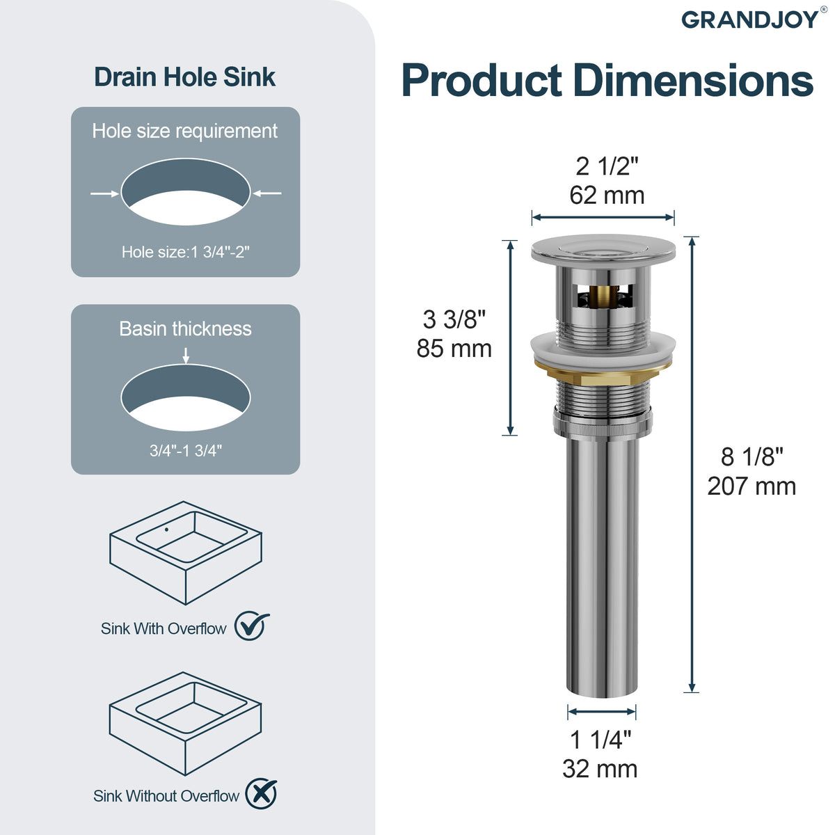 Push-Button Bathroom Sink Drain with Overflow and Brass Body