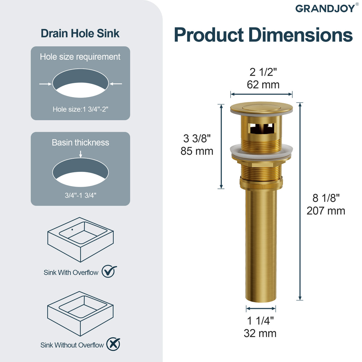 Push-Button Bathroom Sink Drain with Overflow and Brass Body