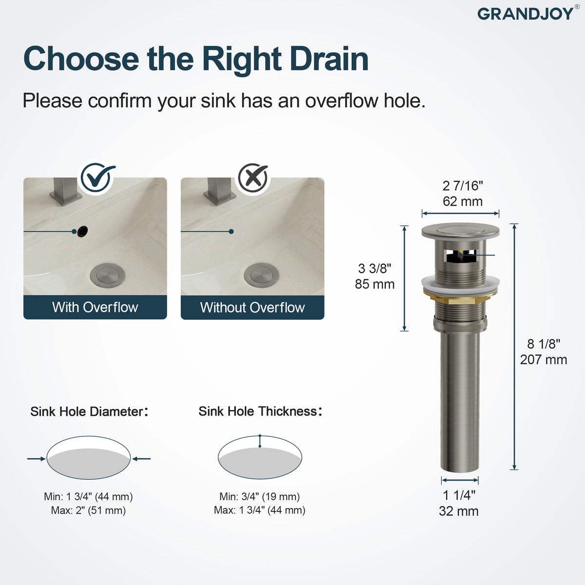 Push-Button Bathroom Sink Drain with Overflow and Brass Body