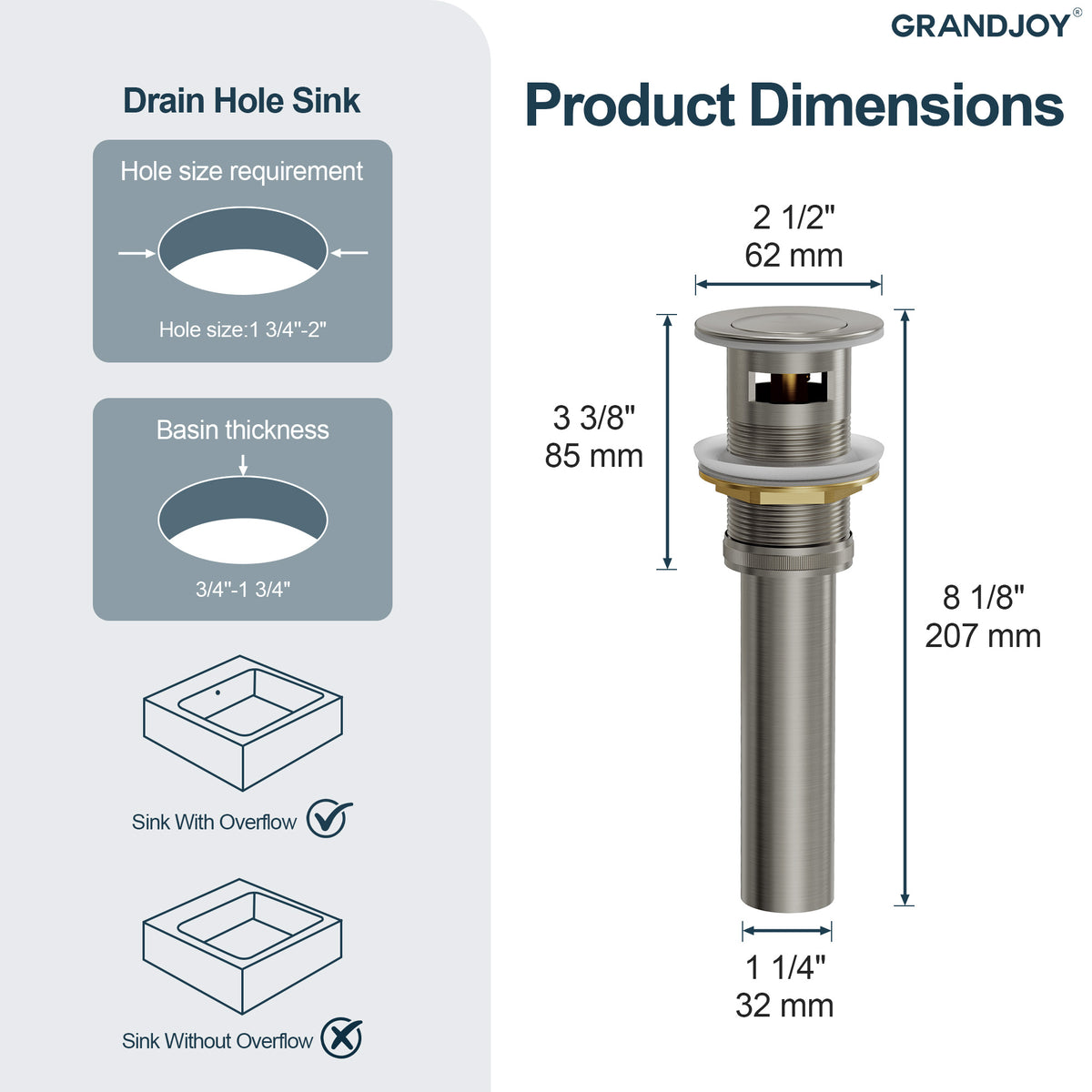 Push-Button Bathroom Sink Drain with Overflow and Brass Body