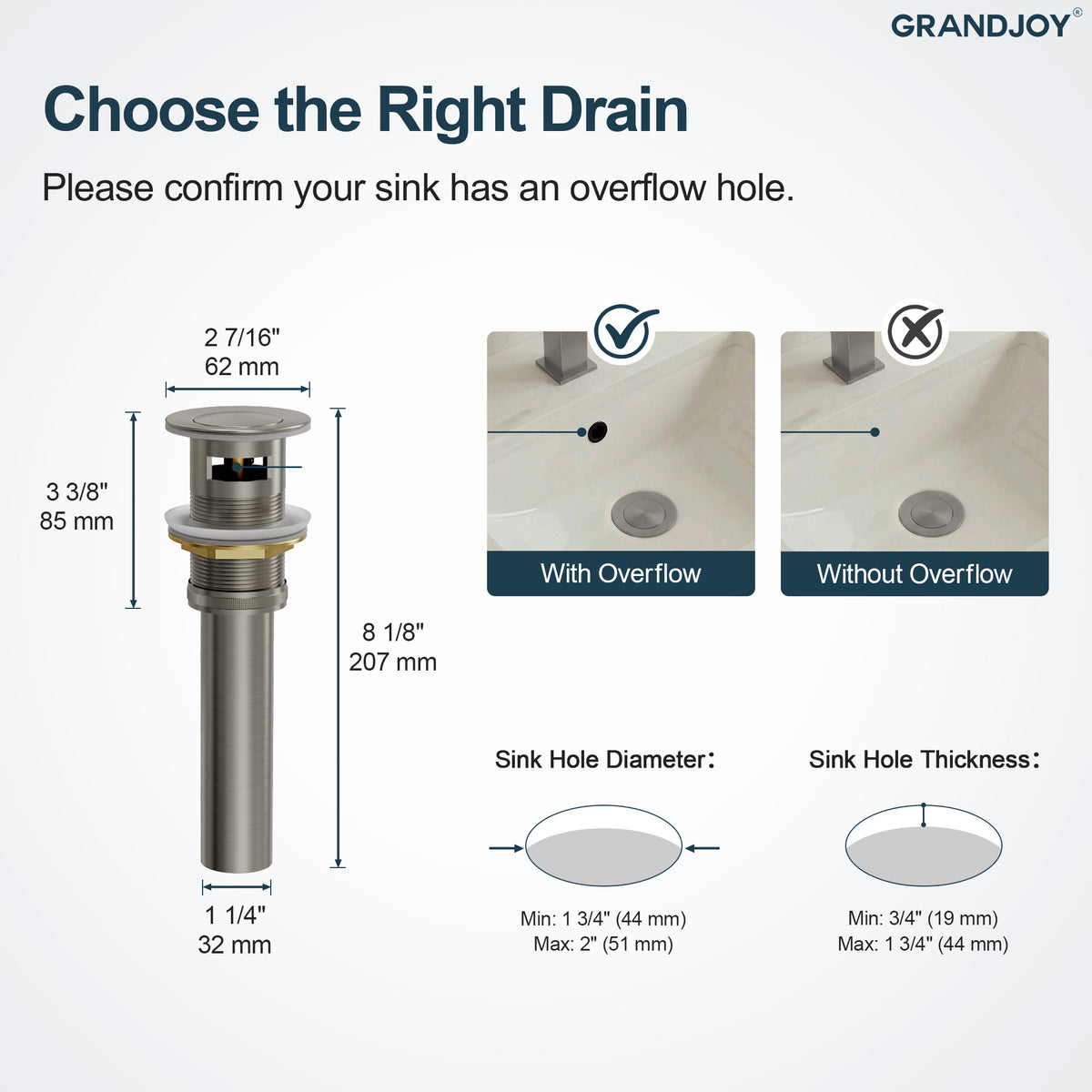 Push-Button Bathroom Sink Drain with Overflow and Brass Body
