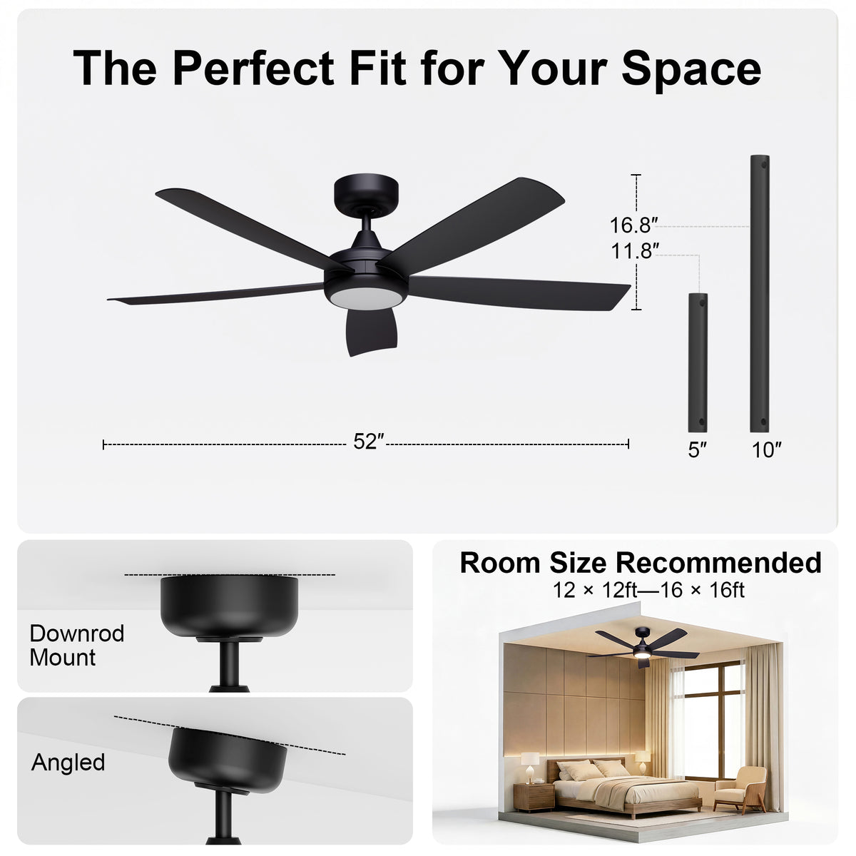 52-Inch Flush Mount 5-Blade Ceiling Fan with Light and Smart Control