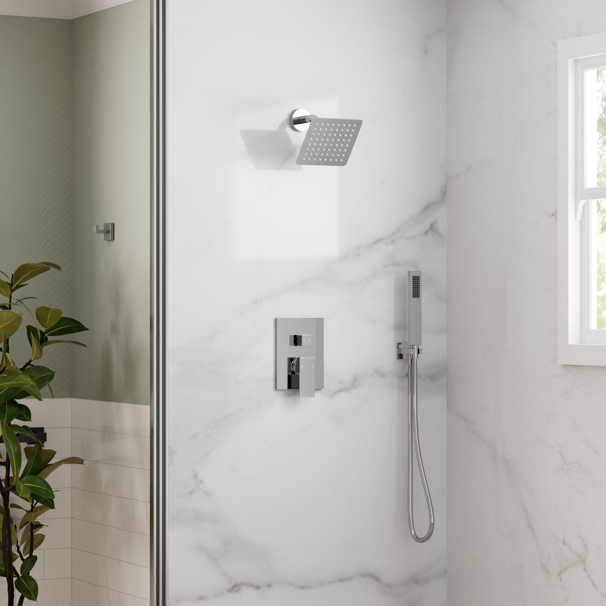 Square Wall-Mounted Shower System with Adjustable Handheld Spray