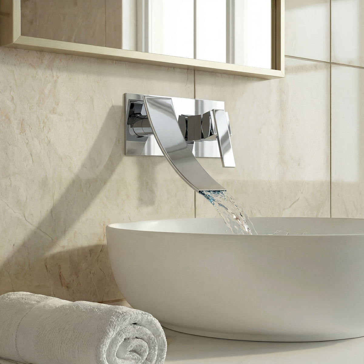 Single-Handle Wall-Mount Bathroom Sink Faucet With Waterfall Spout And Pop-Up Drain