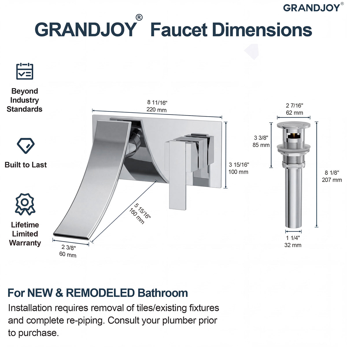 Single-Handle Wall-Mount Bathroom Sink Faucet With Waterfall Spout And Pop-Up Drain