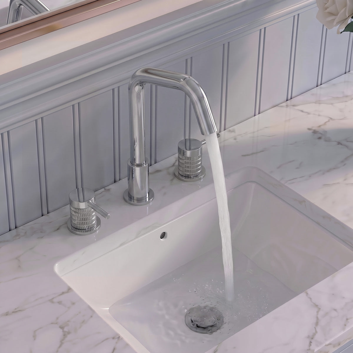 Three-Hole Widespread Bathroom Sink Faucet with 360-Degree Swivel Spout