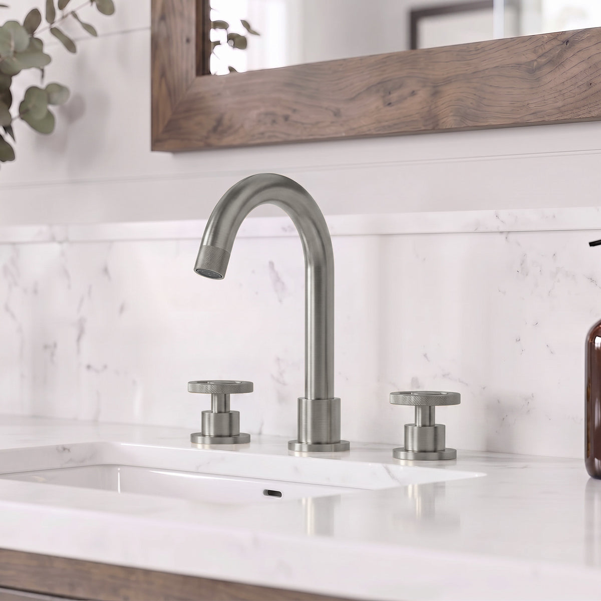 Three-Hole Widespread Bathroom Sink Faucet with Knurled Handles and Swivel Spout