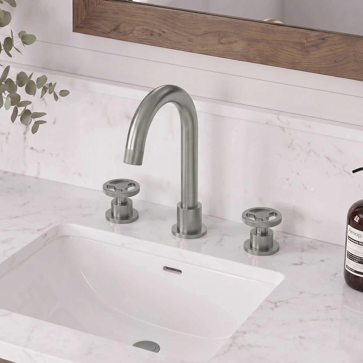 Three-Hole Widespread Bathroom Sink Faucet with Knurled Handles and Swivel Spout