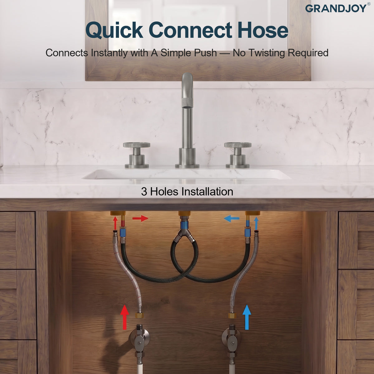 Three-Hole Widespread Bathroom Sink Faucet with Knurled Handles and Swivel Spout
